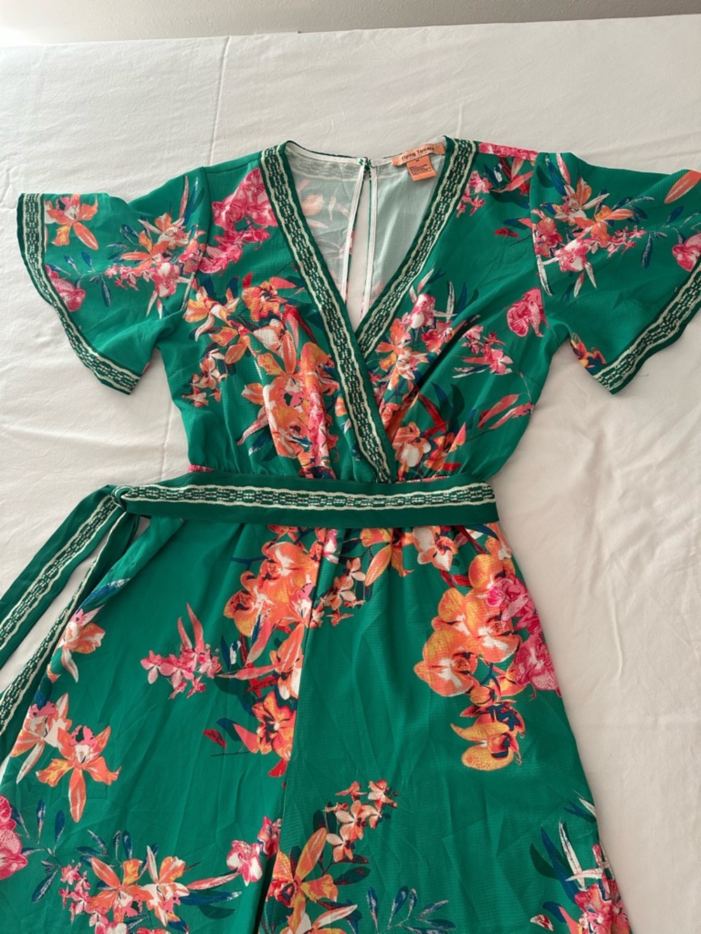 Flying Tomato Green Floral Wide-Leg Wrap Jumpsuit - Picture 7 of 8
